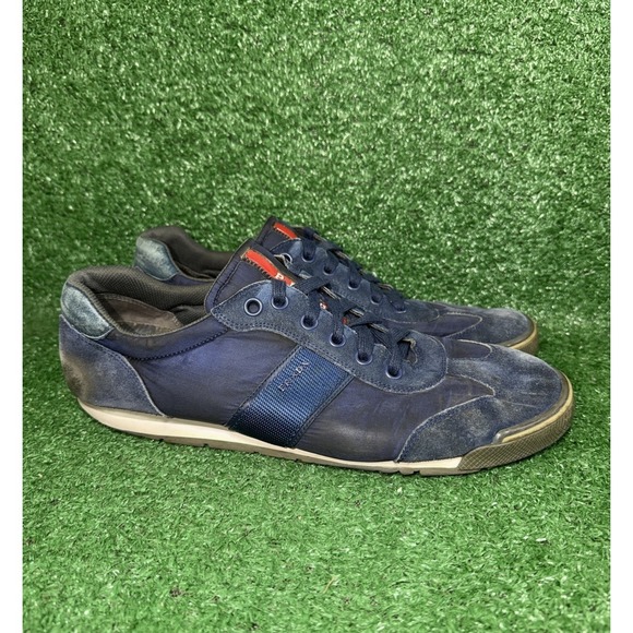 PRADA Mens Size 13 US Suede Leather Nylon Shoes Navy Red Stripe Luxury Sneakers